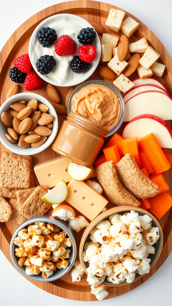A colorful platter of healthy snacks including yogurt with berries, nuts, carrot sticks with hummus, apple slices with almond butter, cheese with crackers, and popcorn.